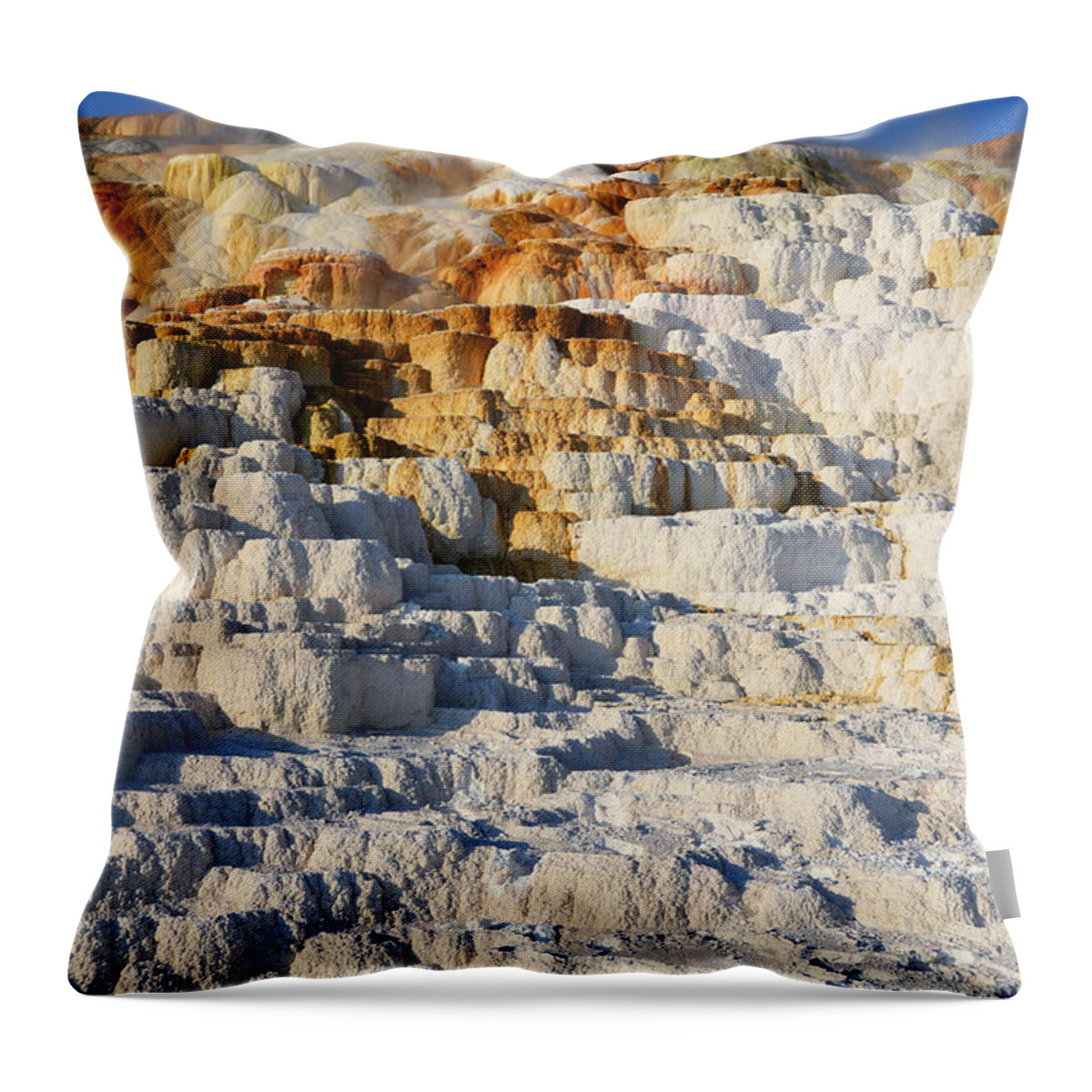 Yellowstone Throw Pillow featuring the photograph Steam Topped Travertine Hot Spring Terraces Mammoth Hot Springs Yellowstone National Park by Shawn O'Brien