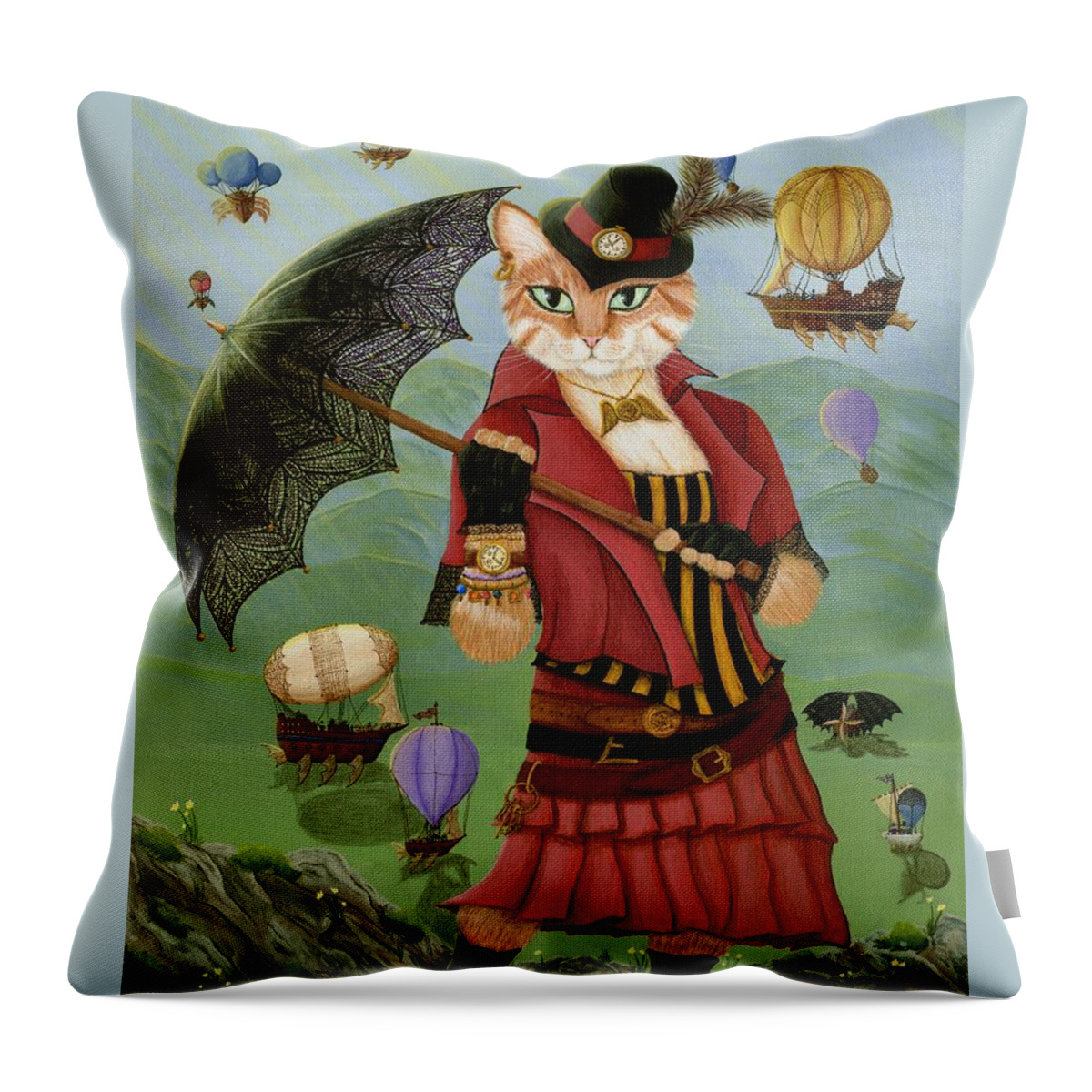 Steampunk Throw Pillow featuring the painting Steampunk Cat Gal - Victorian Cat by Carrie Hawks