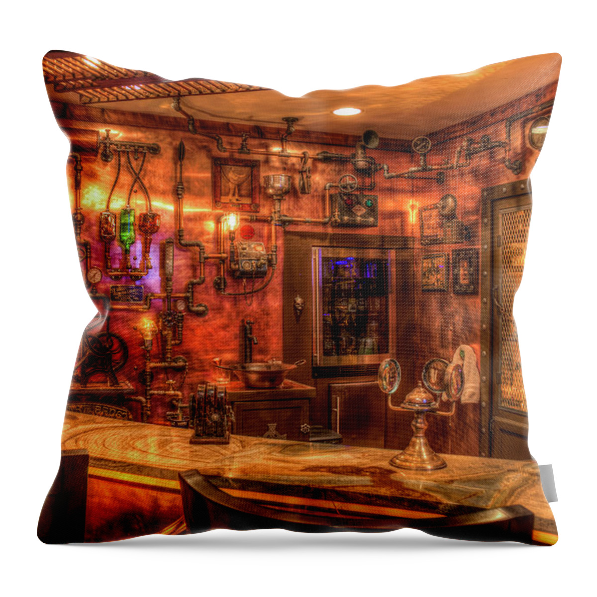 Reid Callaway Steampunk Speakeasy Throw Pillow featuring the photograph Steampunk Design ManCave Bar Art by Reid Callaway
