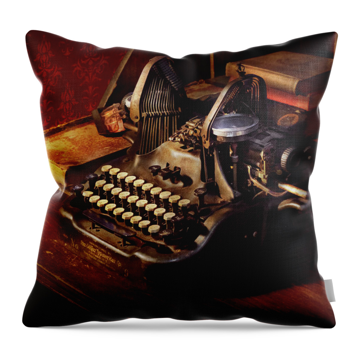 Steampunk Throw Pillow featuring the photograph Steampunk - Oliver's typing machine by Mike Savad