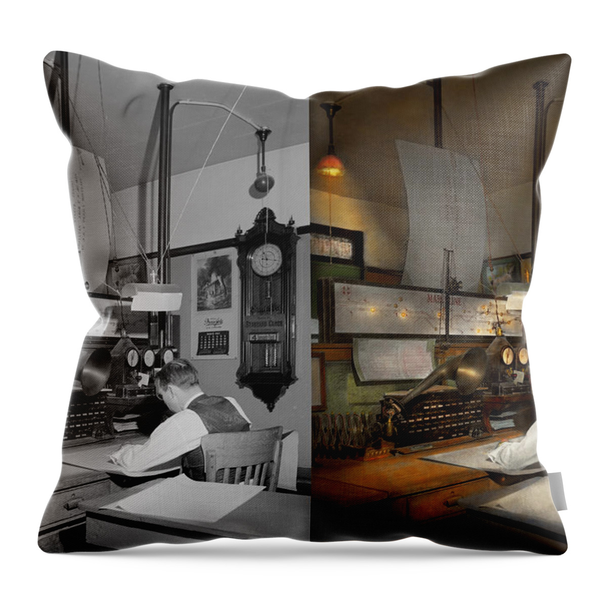 Train Dispatch Throw Pillow featuring the photograph Steampunk - RR - The train dispatcher 1943 Side by Side by Mike Savad