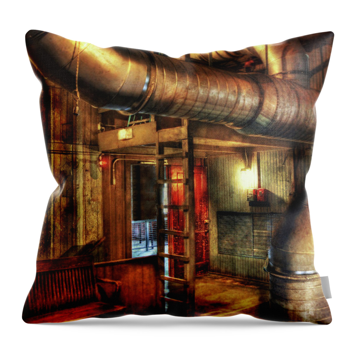 Vent Throw Pillow featuring the photograph SteamPunk - Where the pipes go by Mike Savad