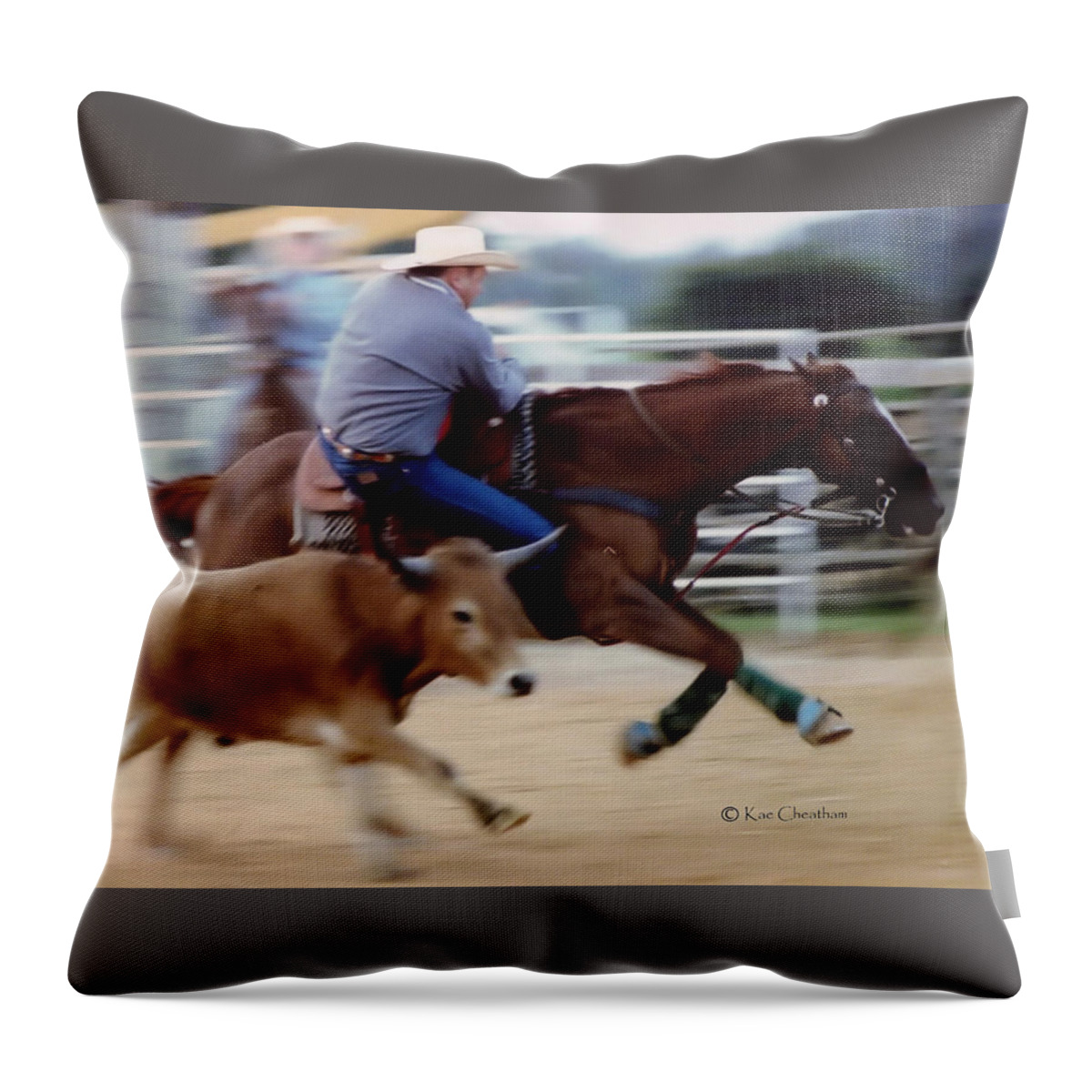 Steer Wrestling Throw Pillow featuring the photograph Steer Wrestling Dilemma by Kae Cheatham