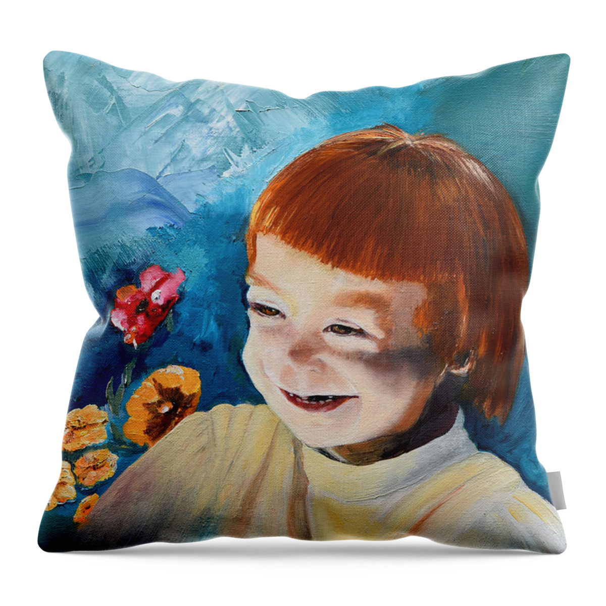 Daughter Throw Pillow featuring the painting Stefi- My Trip to Holland - Red Headed Angel by Jan Dappen