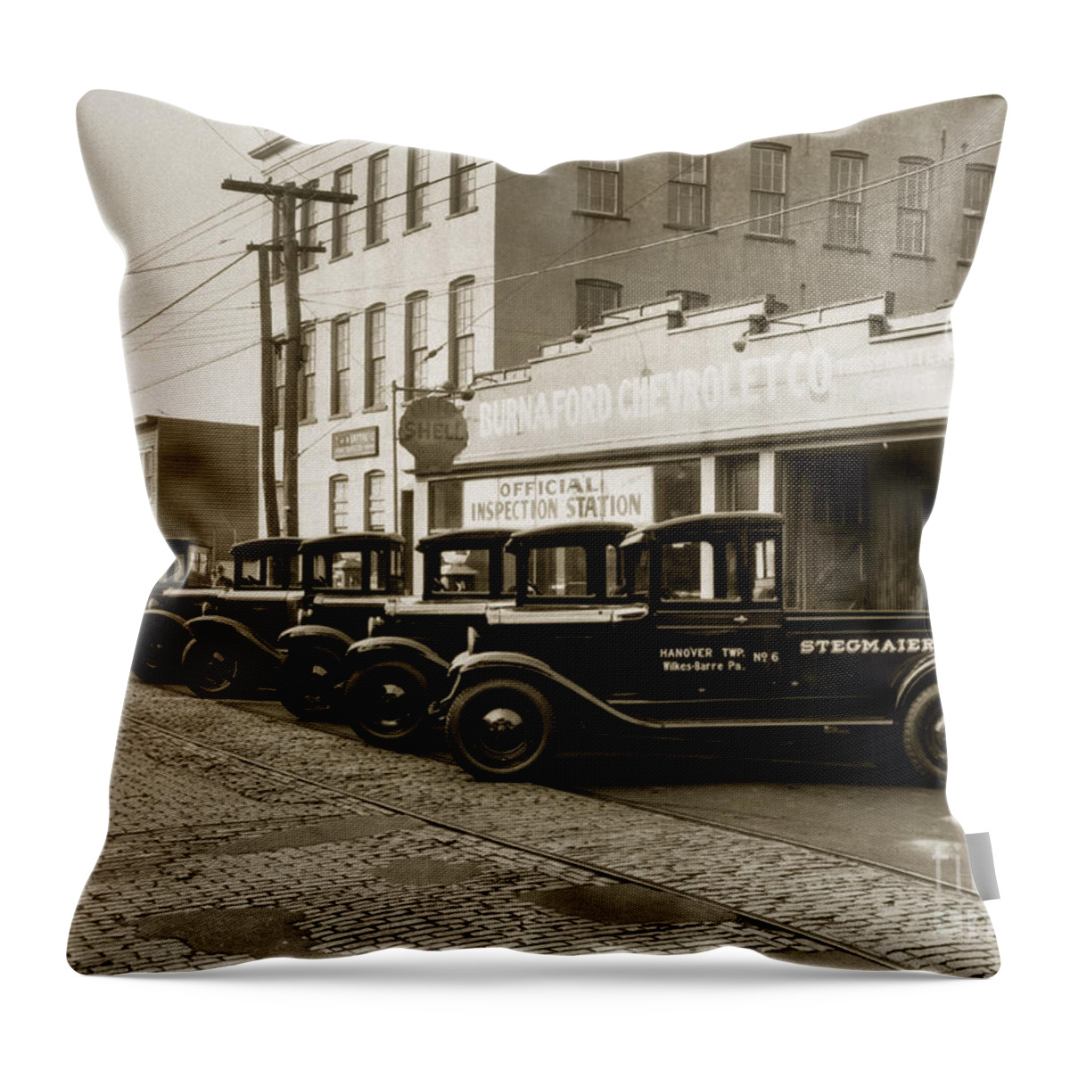 Stegmaier Brothers Inc Throw Pillow featuring the photograph Stegmaier Brothers Inc Beer Trucks at 693 Hazle Ave Wilkes Barre PA 1930s by Arthur Miller