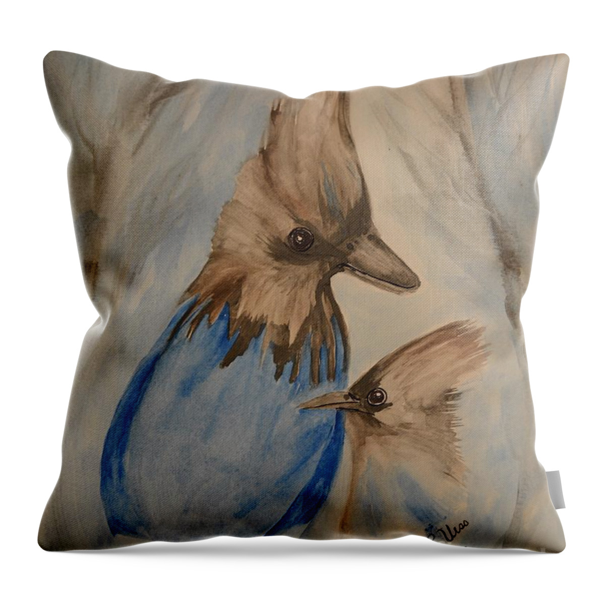 Stellar Jay - Winter #4 Throw Pillow featuring the painting Stellar Jay - Winter #4 by Maria Urso
