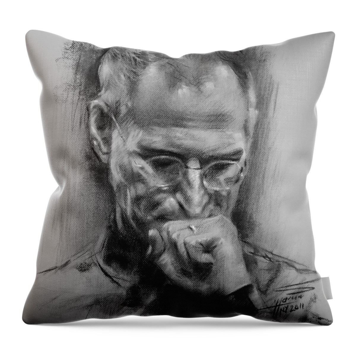 Steve Jobs Throw Pillow featuring the drawing Steve Jobs by Ylli Haruni