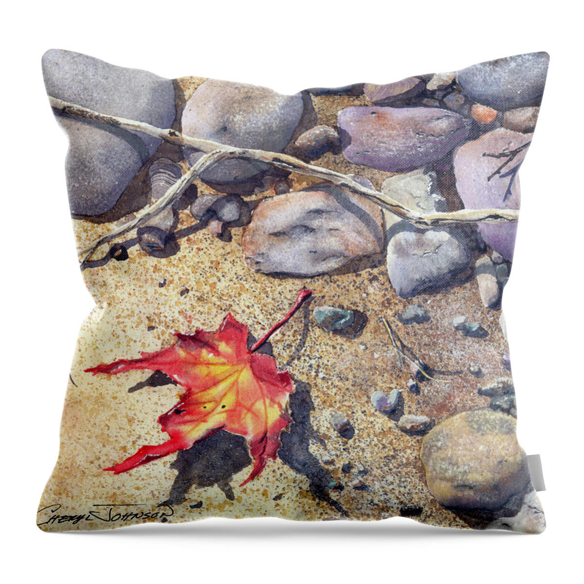 Maple Leaf Throw Pillow featuring the painting Sticks and Stones by Cheryl Johnson