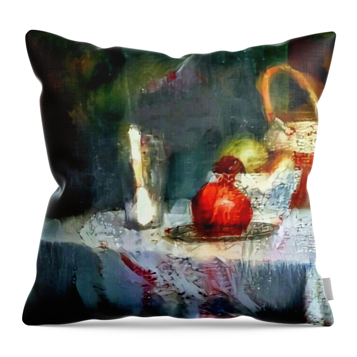 Still Life Throw Pillow featuring the painting Still life oil painting table with pomegranate ceramic kettle glass knife and bowl of fruit pears linen sketch painting life drawing by MendyZ
