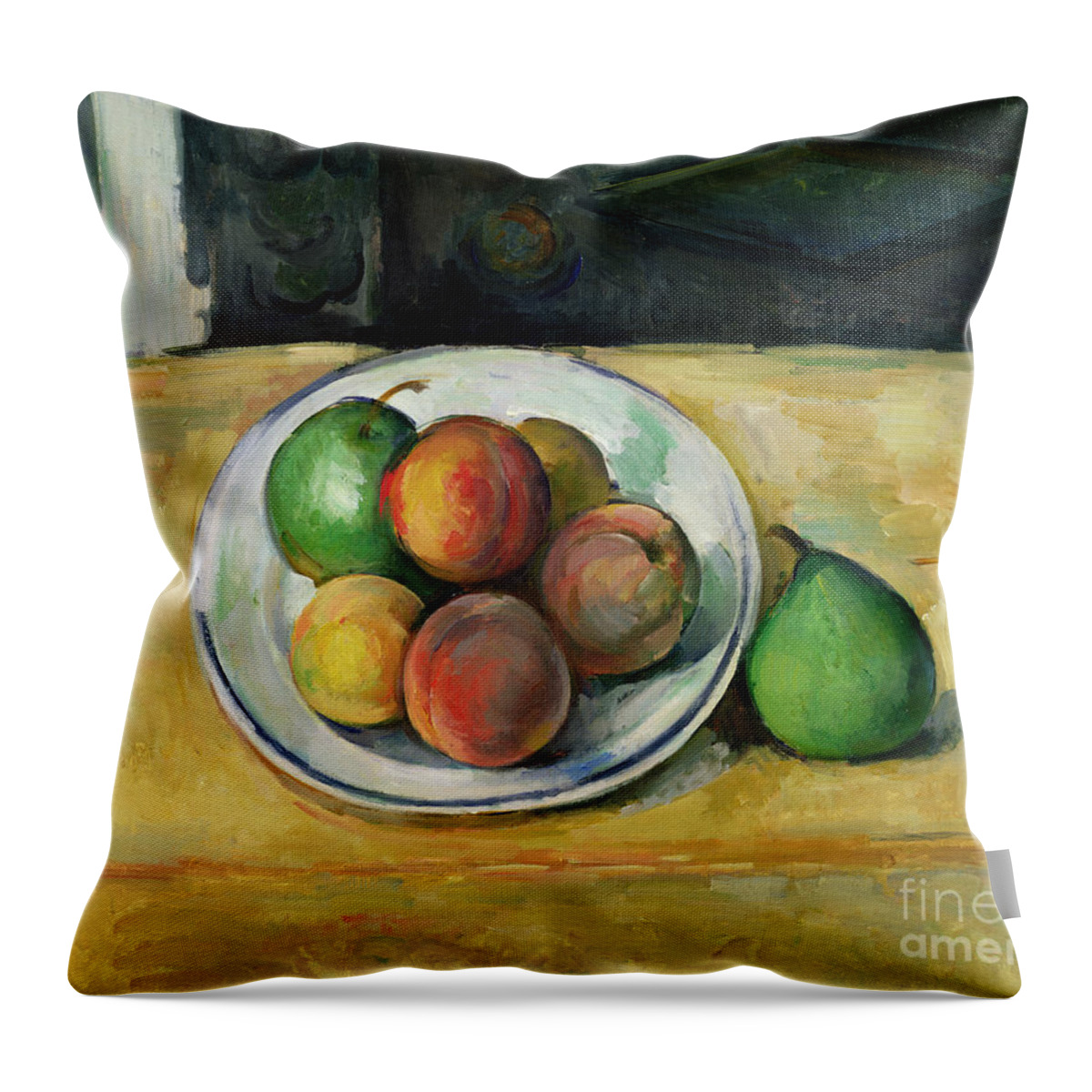 Still Throw Pillow featuring the painting Still Life with a Peach and Two Green Pears by Paul Cezanne