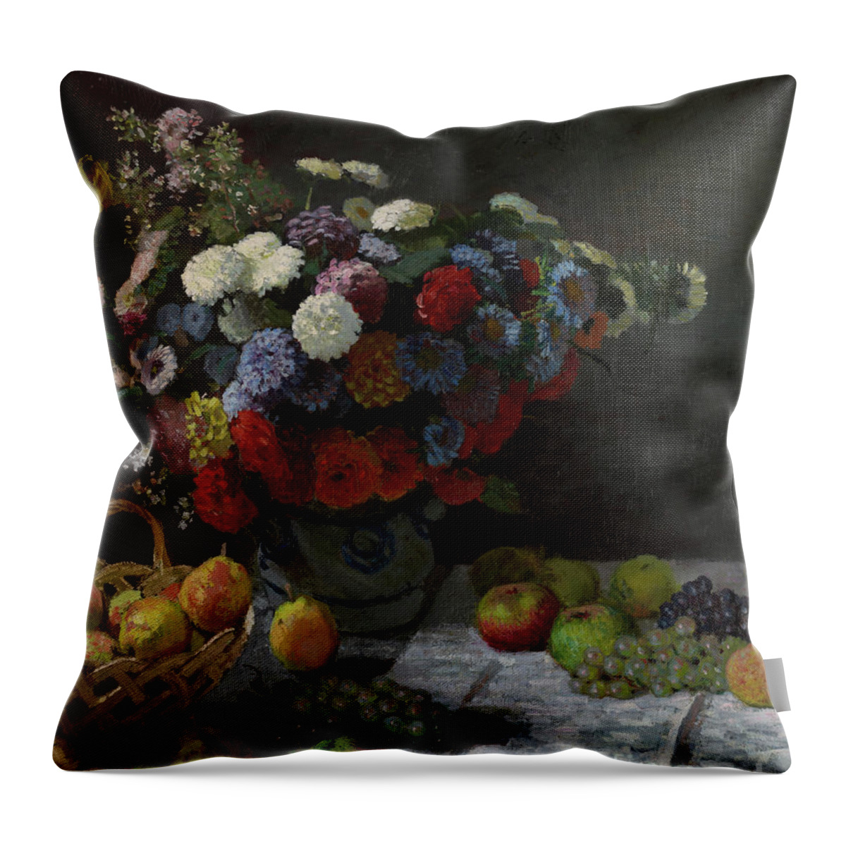 Famous Throw Pillow featuring the painting Still Life with Flowers and Fruit by Claude Monet by Esoterica Art Agency
