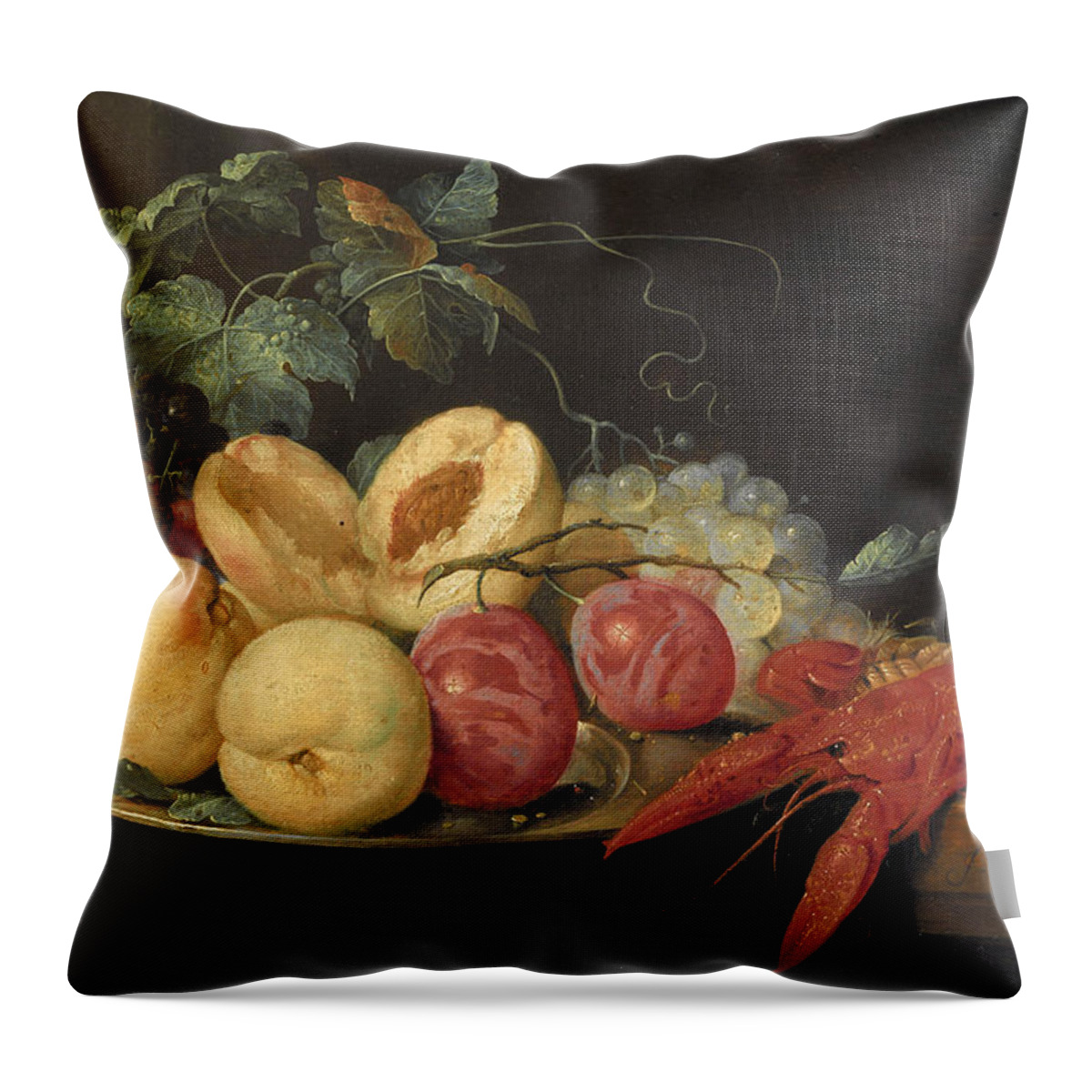Joris Van Son Throw Pillow featuring the painting Still Life with Fruit and Boiled Crayfish by Joris van Son