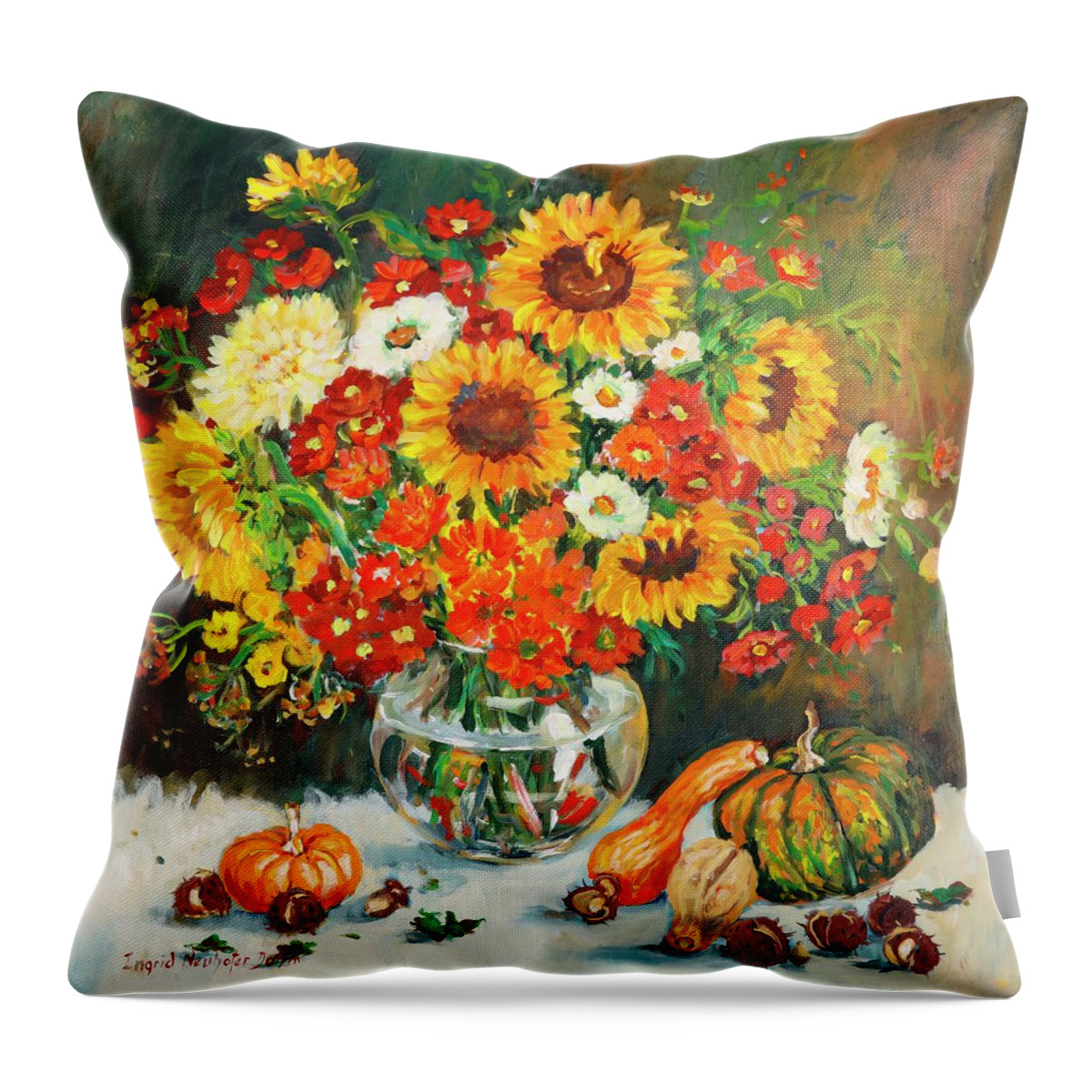 Flowers Throw Pillow featuring the painting Still Life with Gourds by Ingrid Dohm