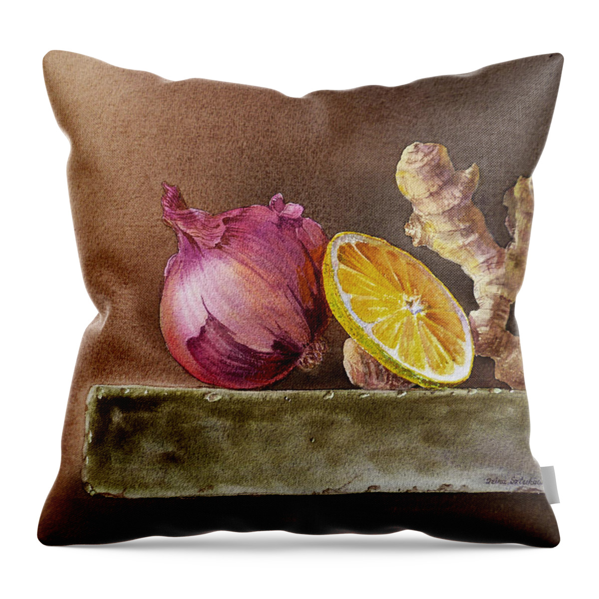 Onion Throw Pillow featuring the painting Still Life With Onion Lemon And Ginger by Irina Sztukowski