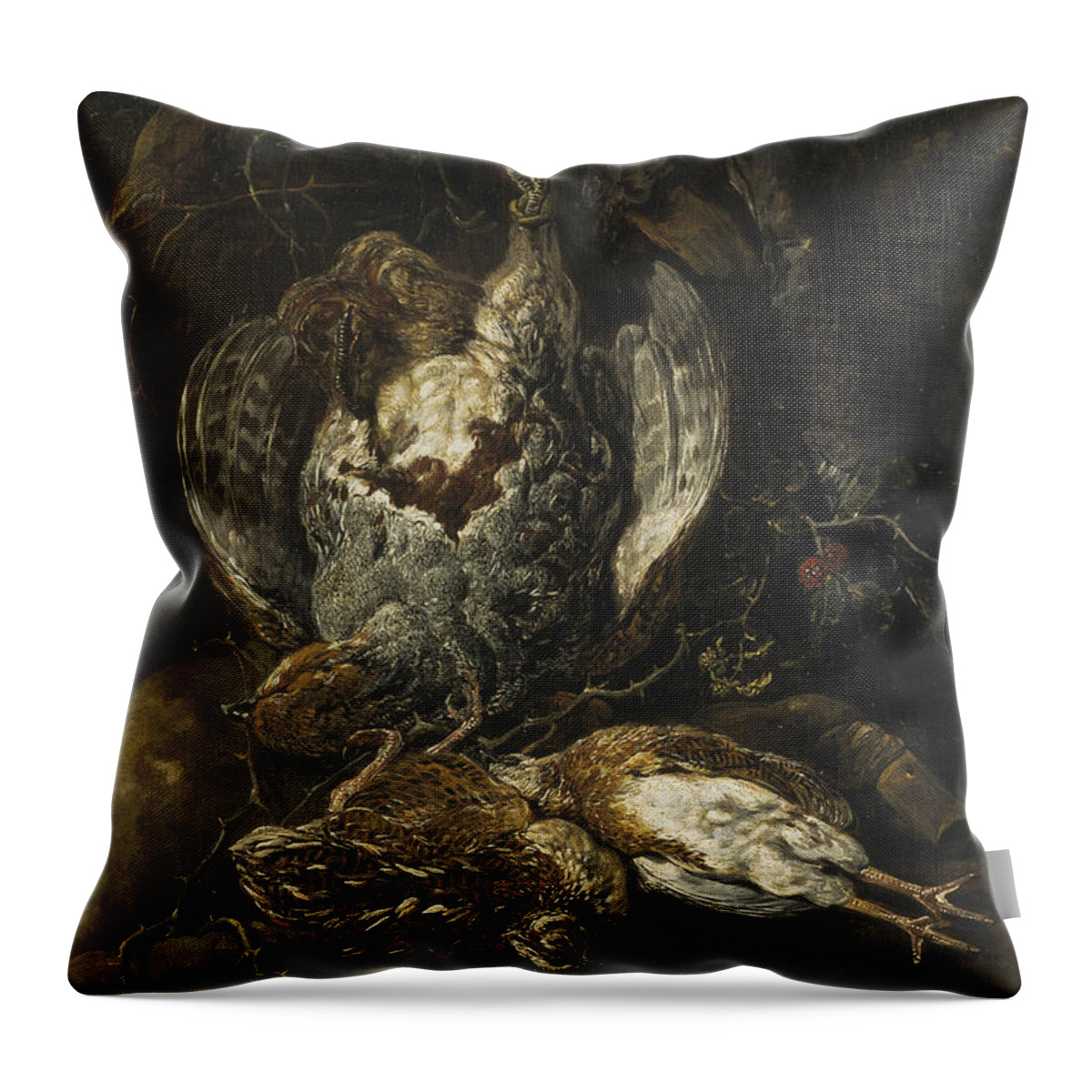 17th Century Art Throw Pillow featuring the painting Still Life with Quails and a Partridge by Jan Fyt
