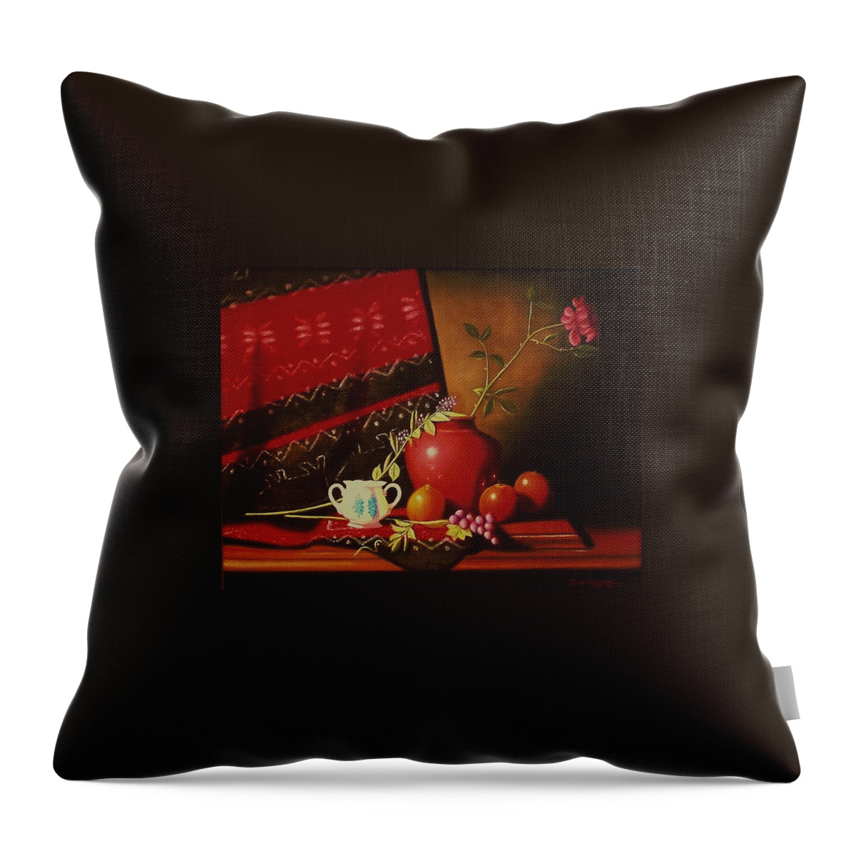 Stilllife Throw Pillow featuring the painting Still life with red vase. by Gene Gregory