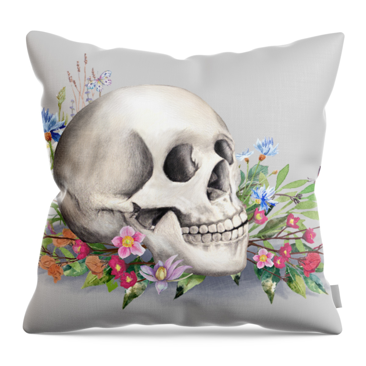 Skull Throw Pillow featuring the painting Still Life With Skull And Wildflowers by Little Bunny Sunshine