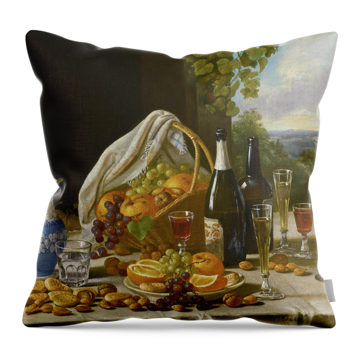 John F Francis Throw Pillow featuring the painting Still Life with Wine and Fruit by John F Francis