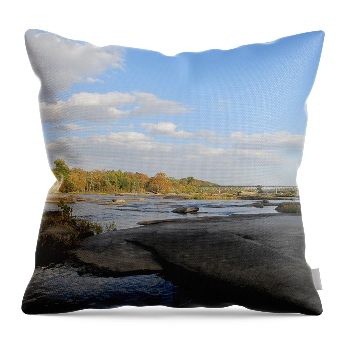 Richmond Virginia Skyline Water James River Rocks Throw Pillow featuring the photograph Stillness on the James by Digital Art Cafe