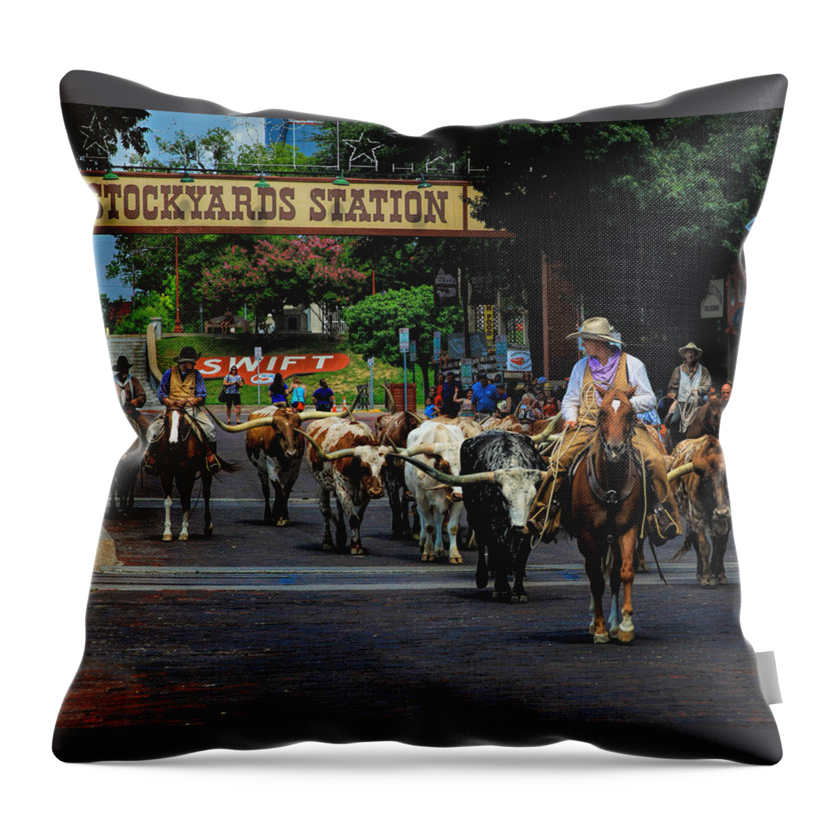 American Throw Pillow featuring the photograph Stockyards Cattle Drive by David and Carol Kelly