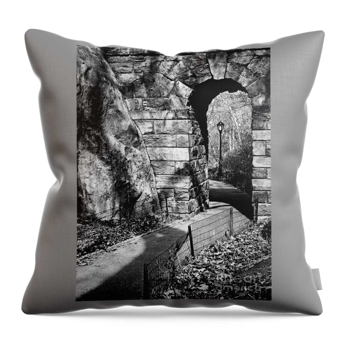 Central Park Throw Pillow featuring the photograph Stone Arch in the Ramble of Central Park - BW by James Aiken