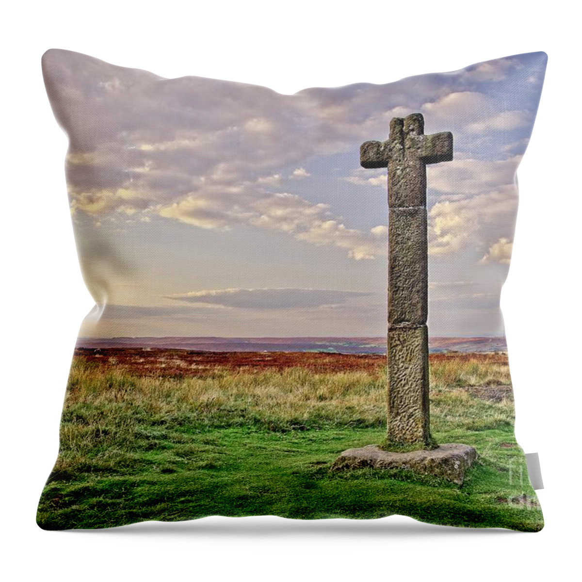 Young Ralph's Cross Throw Pillow featuring the photograph Stone Cross on North York Moors by Martyn Arnold