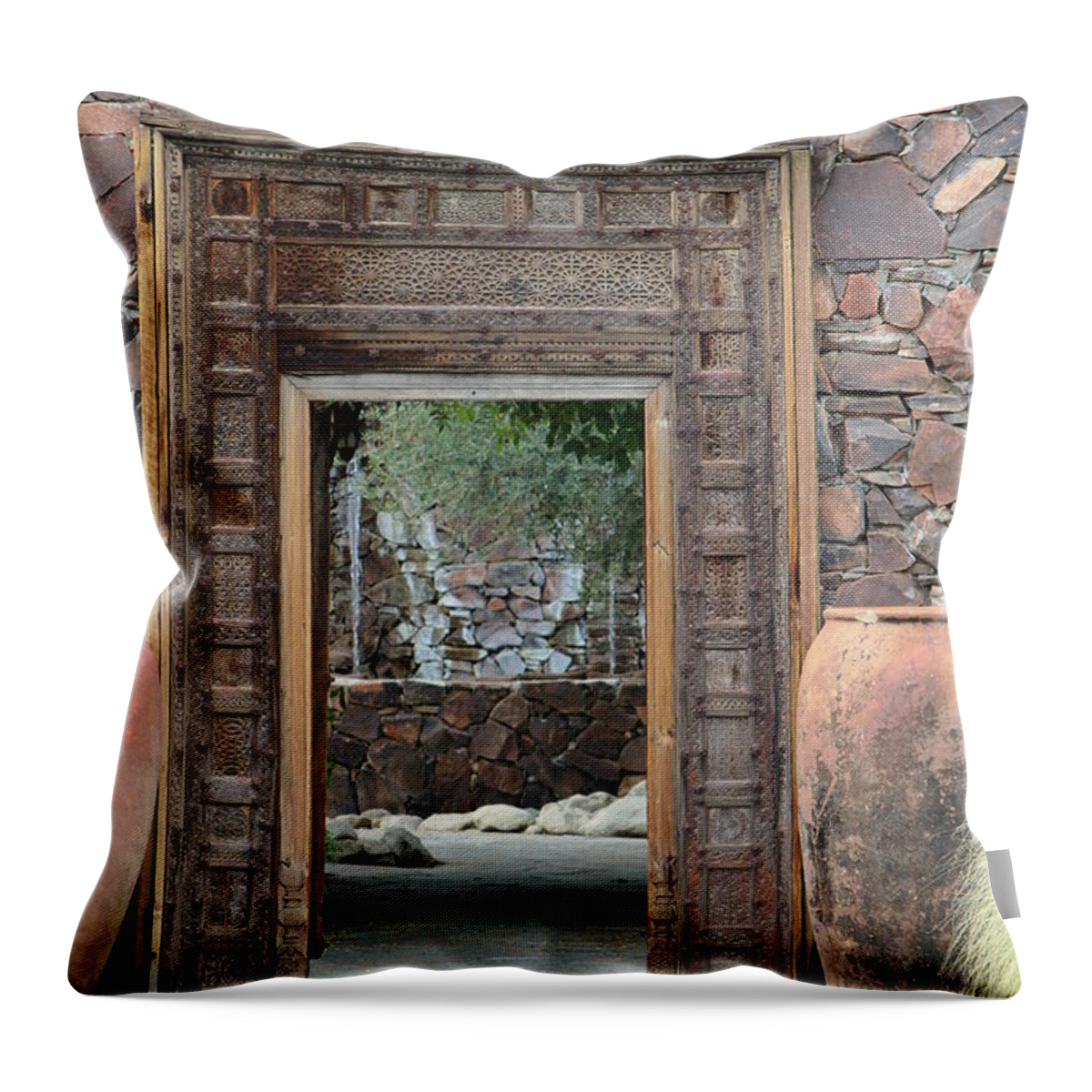 Garden Wall Throw Pillow featuring the photograph Stone Garden Wall and Clay Urns by Colleen Cornelius