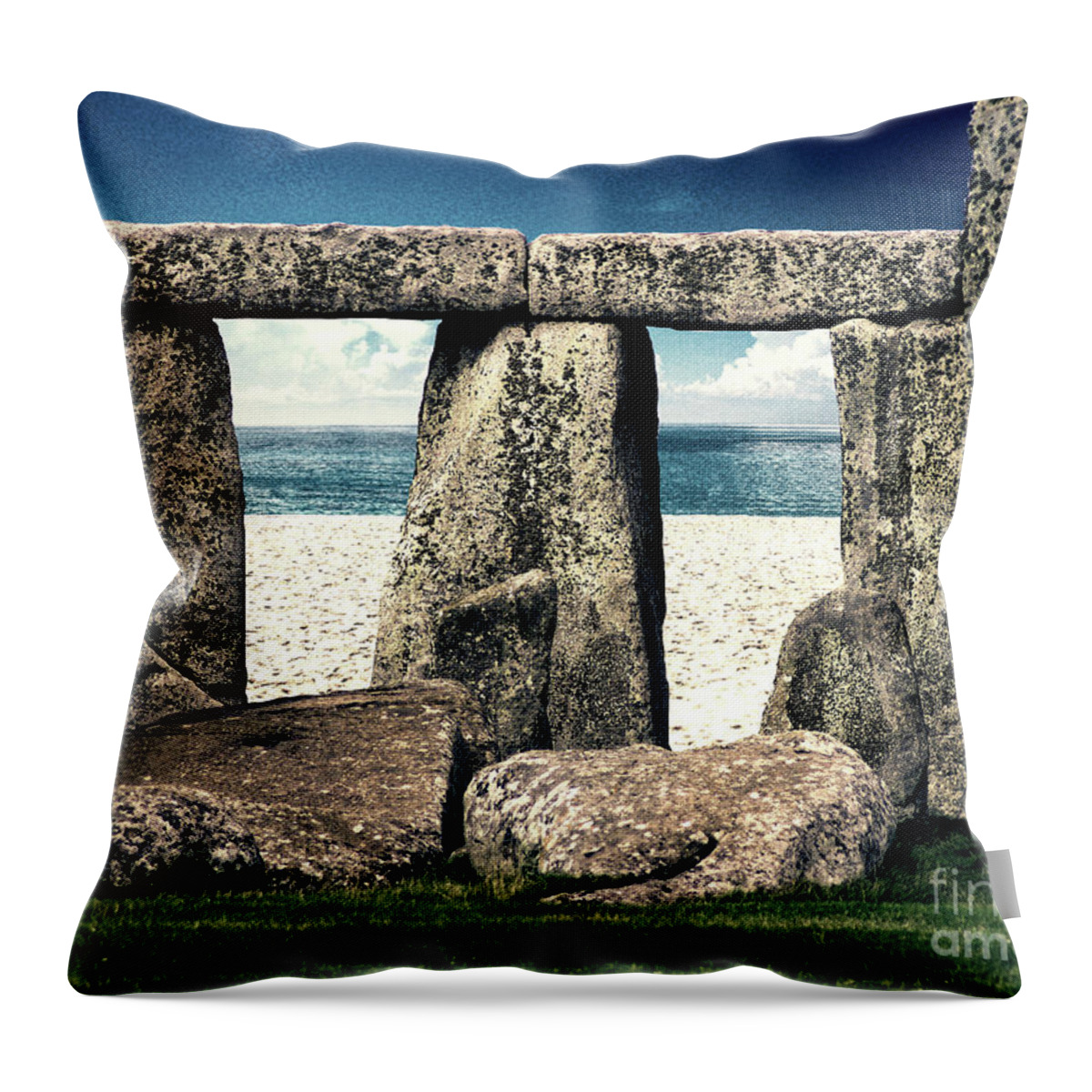Stonehenge Throw Pillow featuring the digital art Stonehenge On The Beach by Phil Perkins