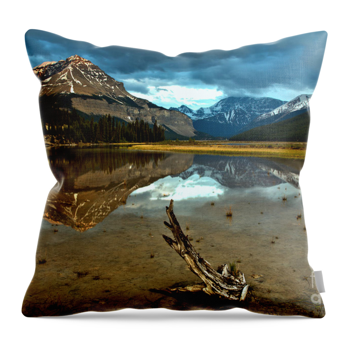 Beauty Creek Throw Pillow featuring the photograph Storm Clouds And Mt. Chephren Reflections by Adam Jewell