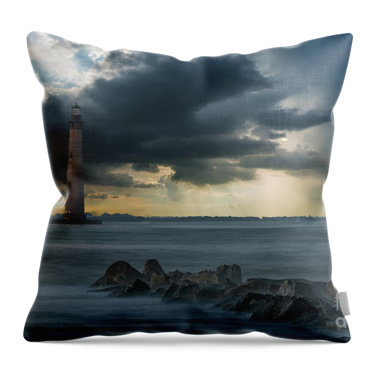 Morris Island Lighthouse Throw Pillow featuring the photograph Stormy Morris Island by Dale Powell
