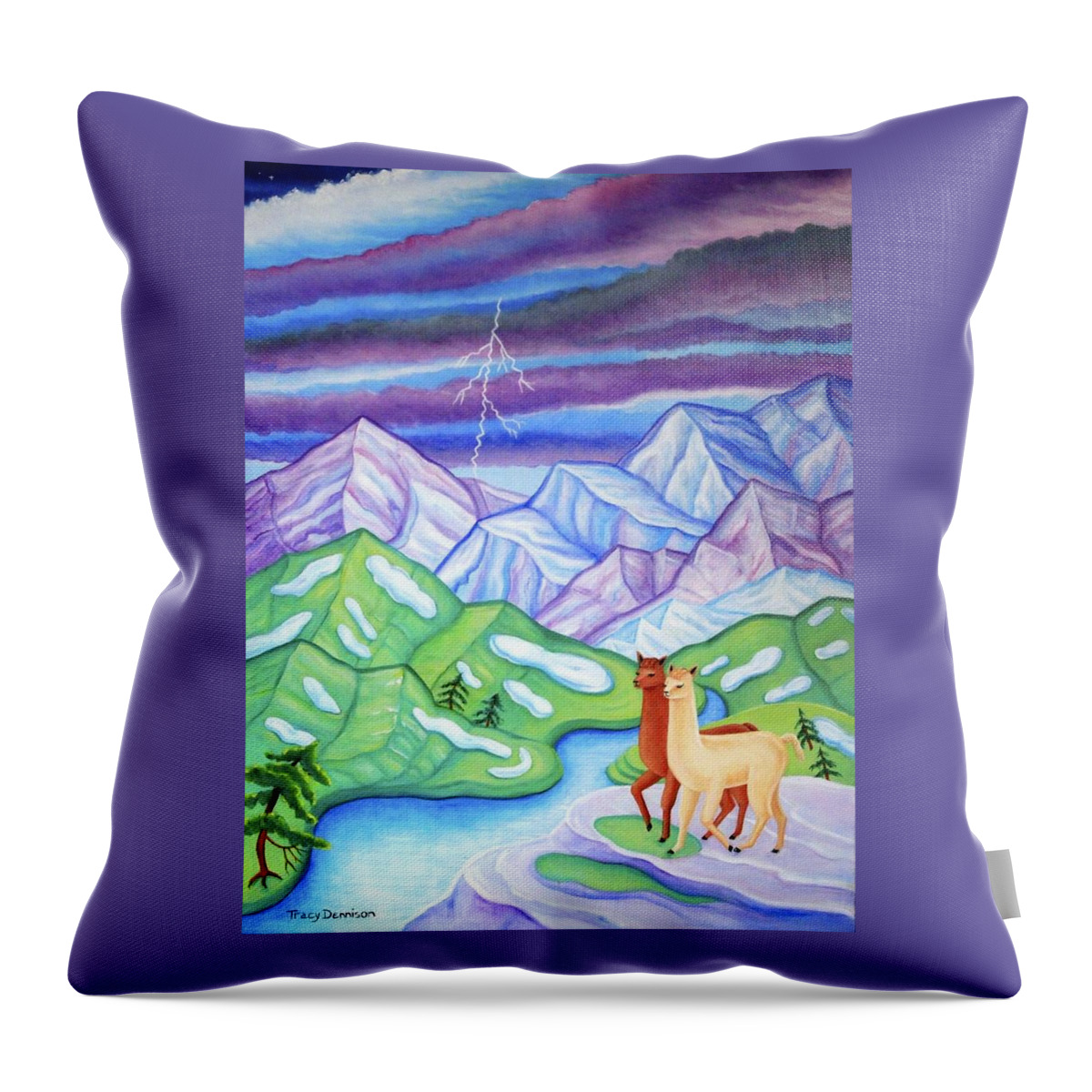 Night Sky Llamas Snow Mountains Lighting Peru Throw Pillow featuring the painting Stormy Weather by Tracy Dennison