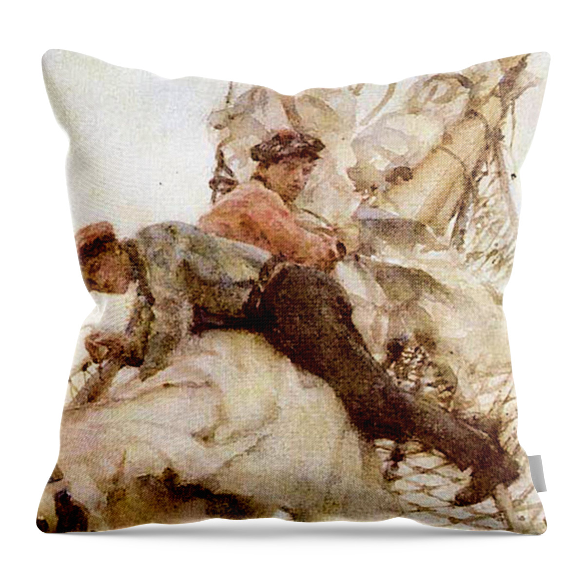 Henry Throw Pillow featuring the painting Stowing the Headsails by Henry Scott Tuke