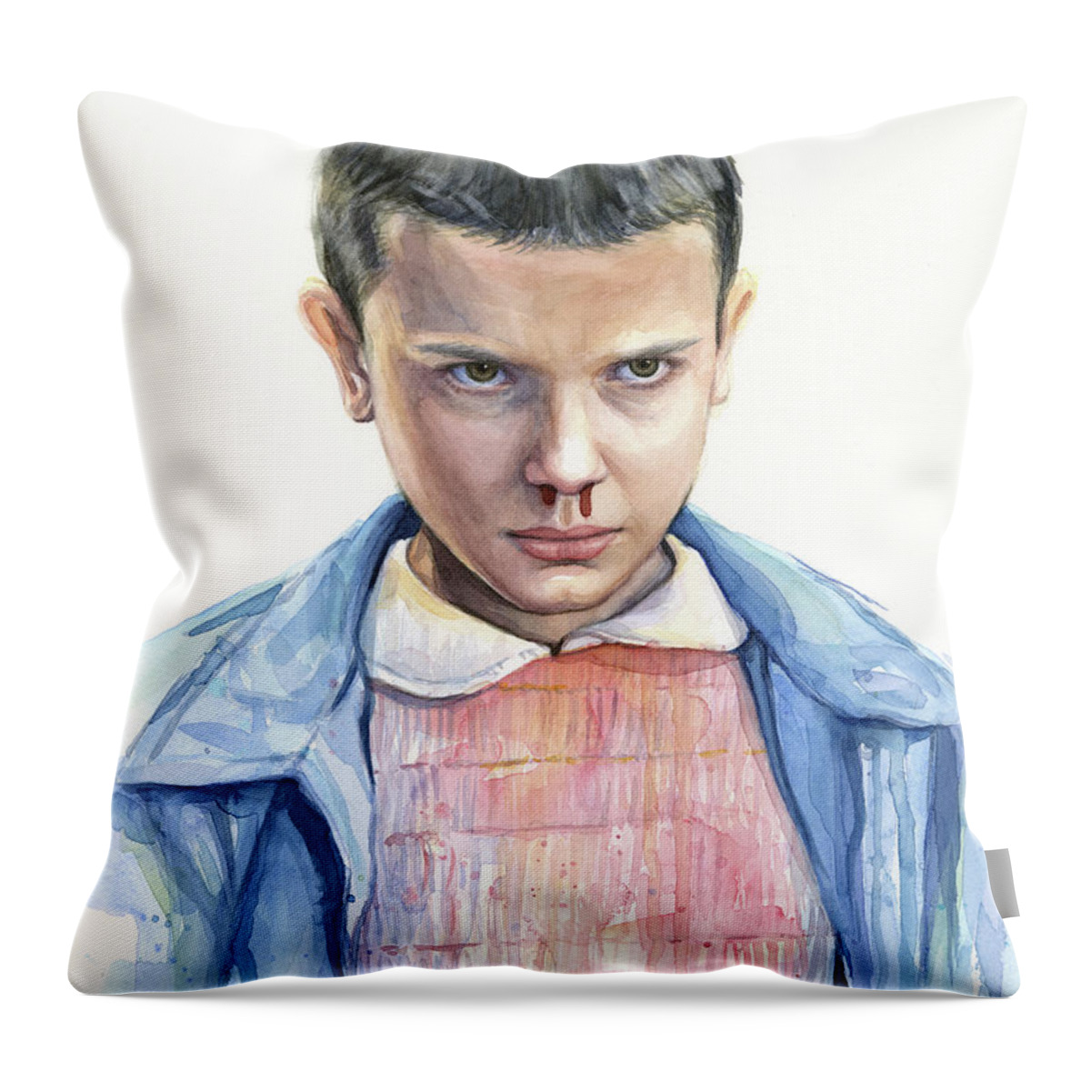 #faatoppicks Throw Pillow featuring the painting Stranger Things Eleven Portrait by Olga Shvartsur