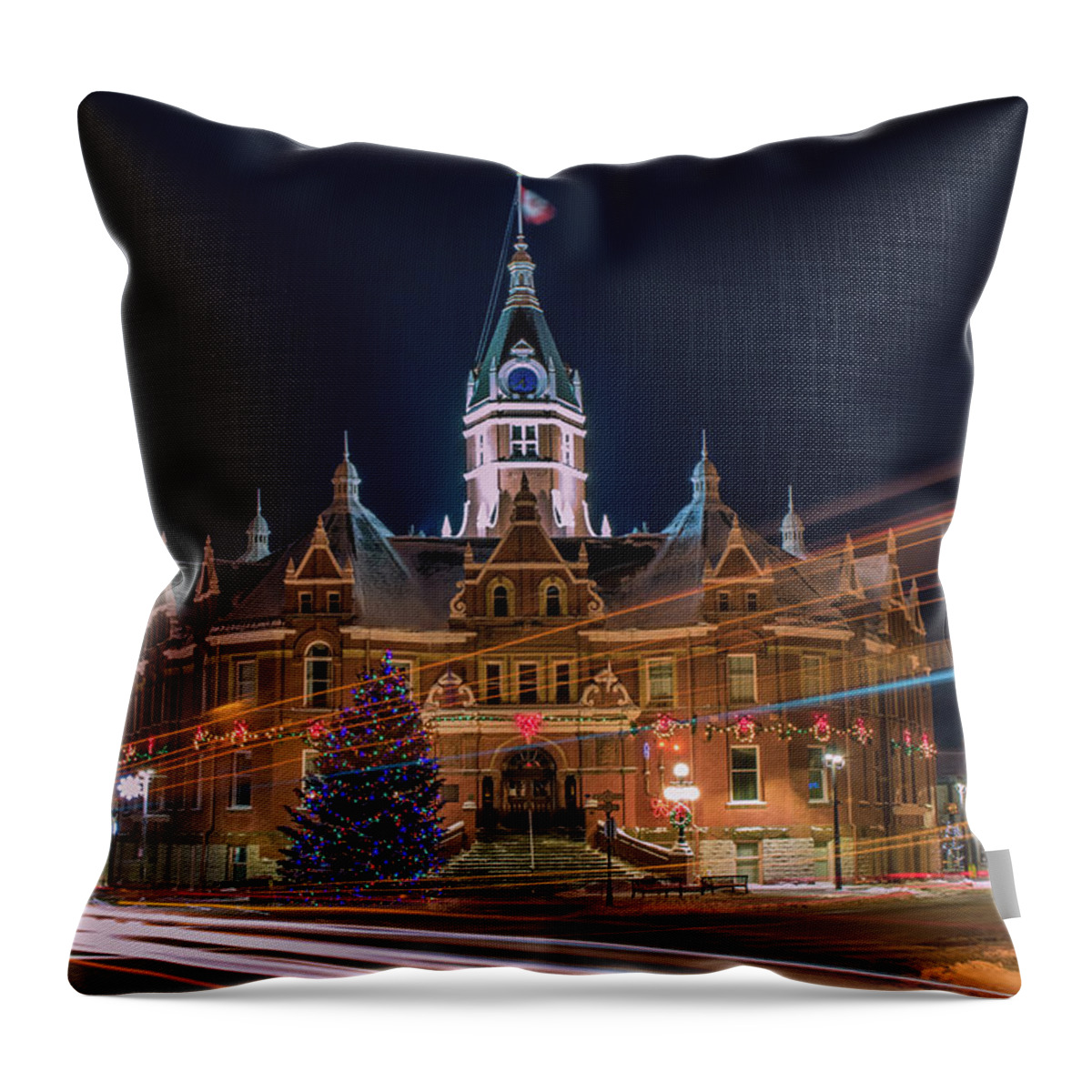 Stratford Throw Pillow featuring the photograph Stratford City Hall during the holidays by Jay Smith