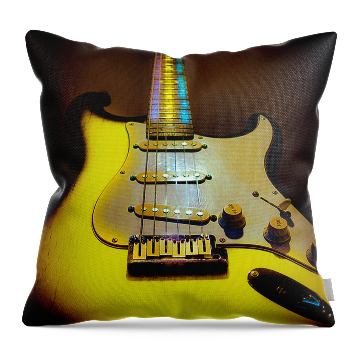 Guitar Throw Pillow featuring the digital art Stratocaster Lemon Burst Glow Neck Series by Guitarwacky Fine Art