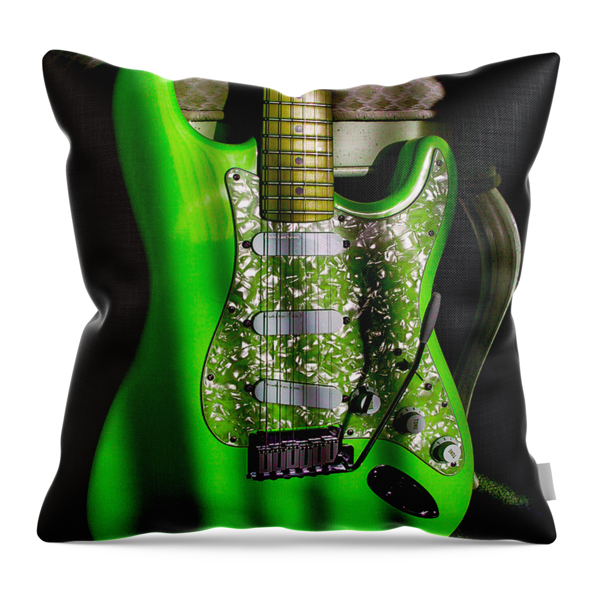 Fender Stratocaster Throw Pillow featuring the photograph Stratocaster Plus in Green by Guitarwacky Fine Art