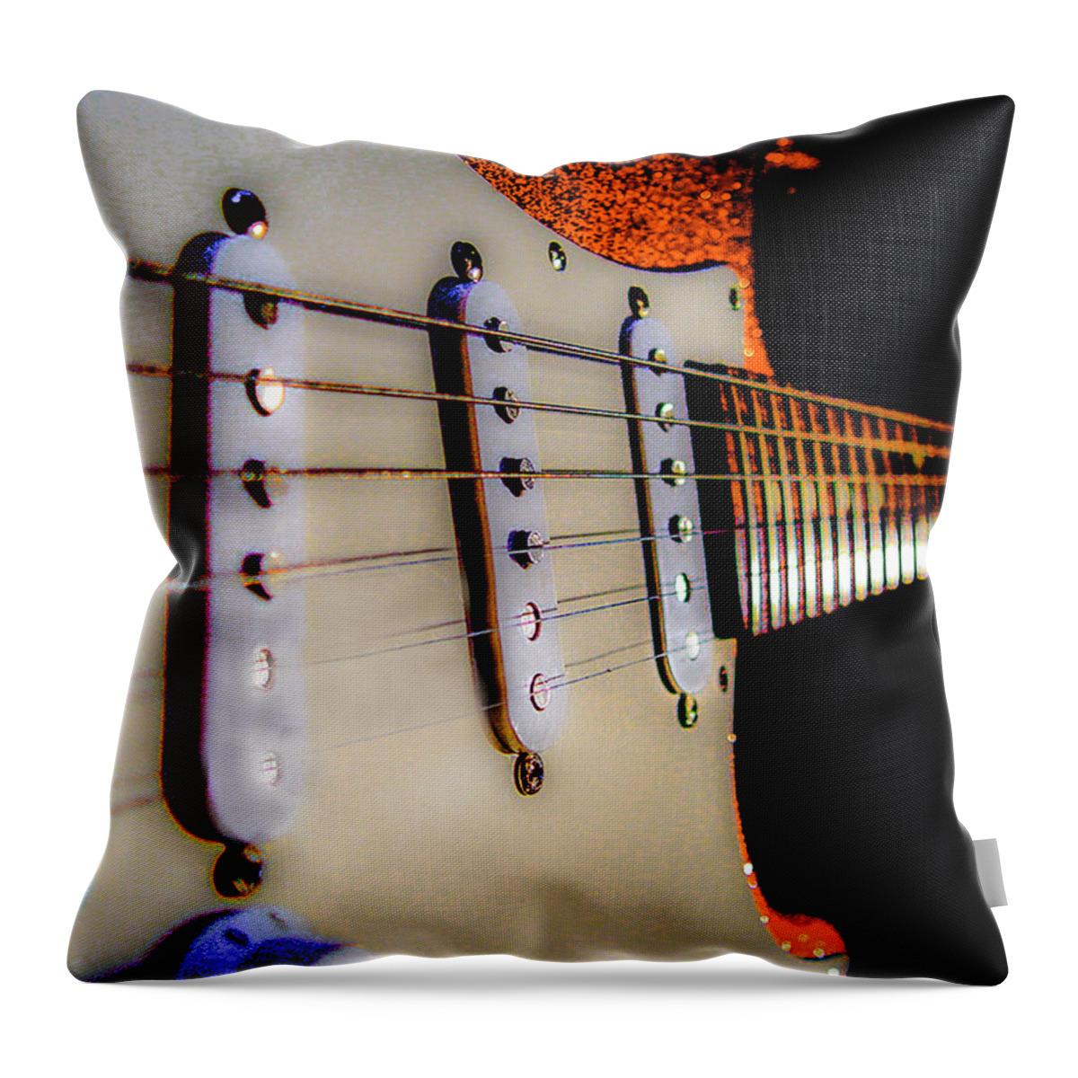 Guitar Throw Pillow featuring the digital art Stratocaster Pop Art Tangerine Sparkle Fire Neck Series by Guitarwacky Fine Art