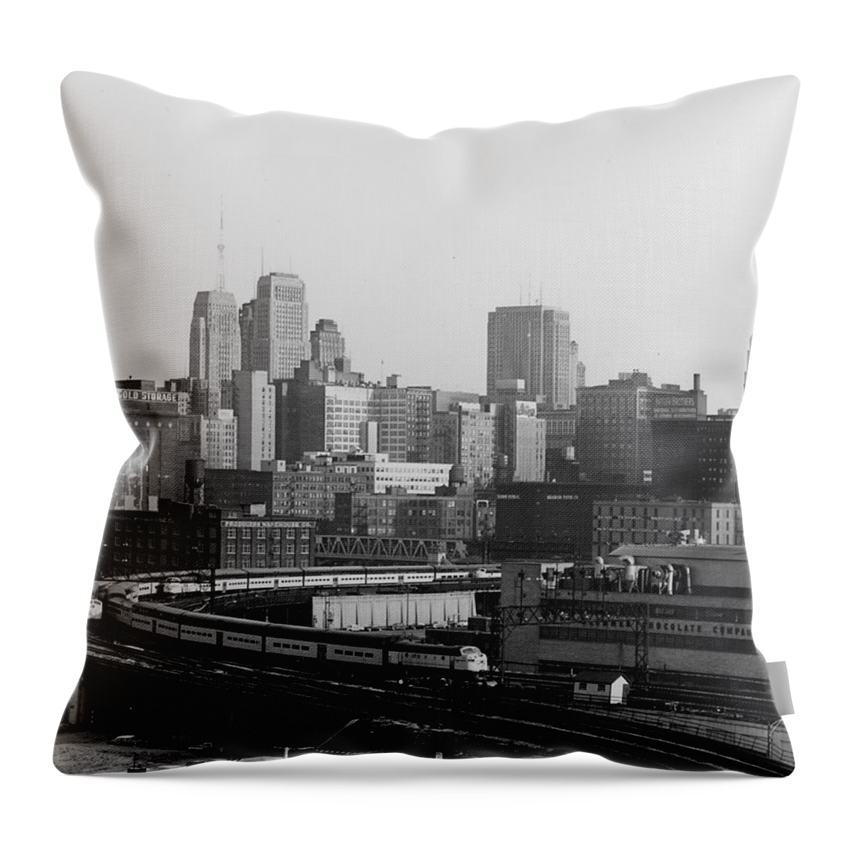 Passenger Cars Throw Pillow featuring the photograph Passenger Train Cuts Through Chicago - 1962 by Chicago and North Western Historical Society