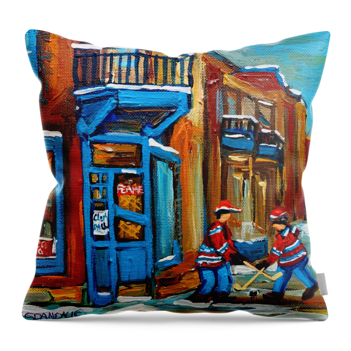 Montreal Throw Pillow featuring the painting Street Hockey At Wilensky's Montreal by Carole Spandau