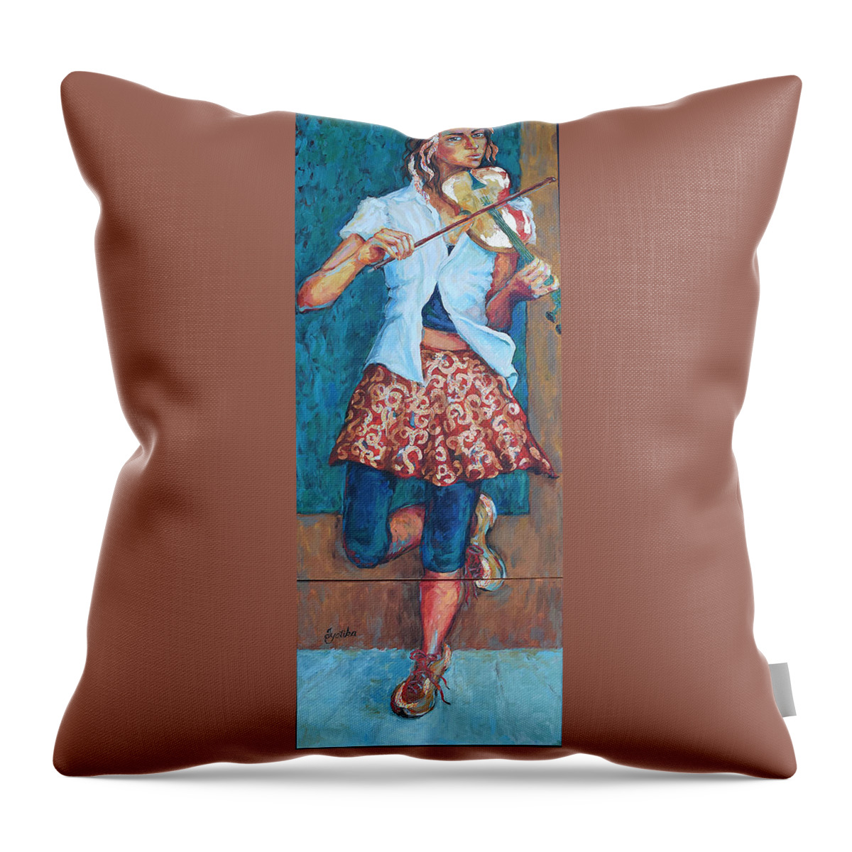 Original Painting Throw Pillow featuring the painting Street Violinist by Jyotika Shroff