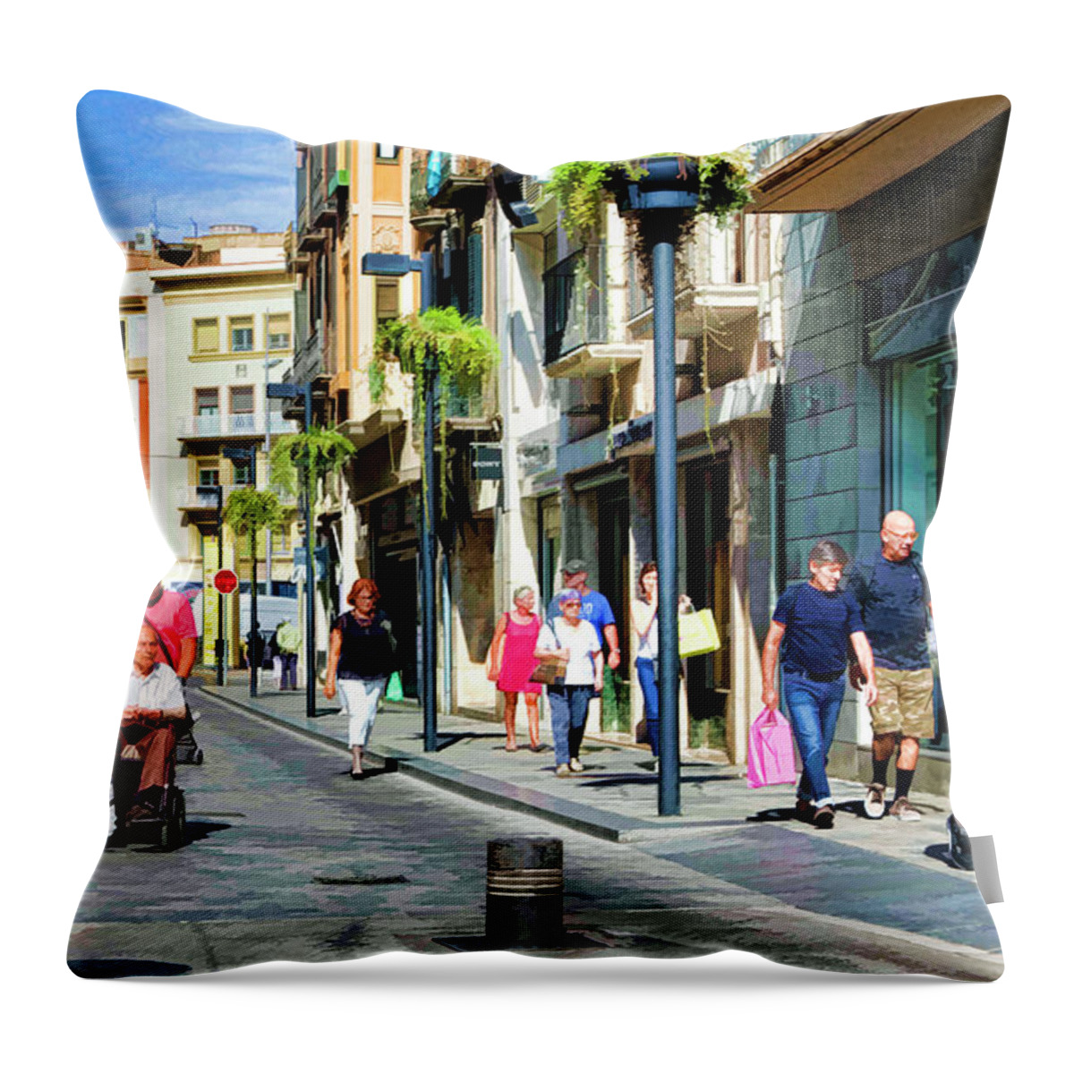 Figueres Throw Pillow featuring the digital art Streets of Figueres Spain Paint by Chuck Kuhn