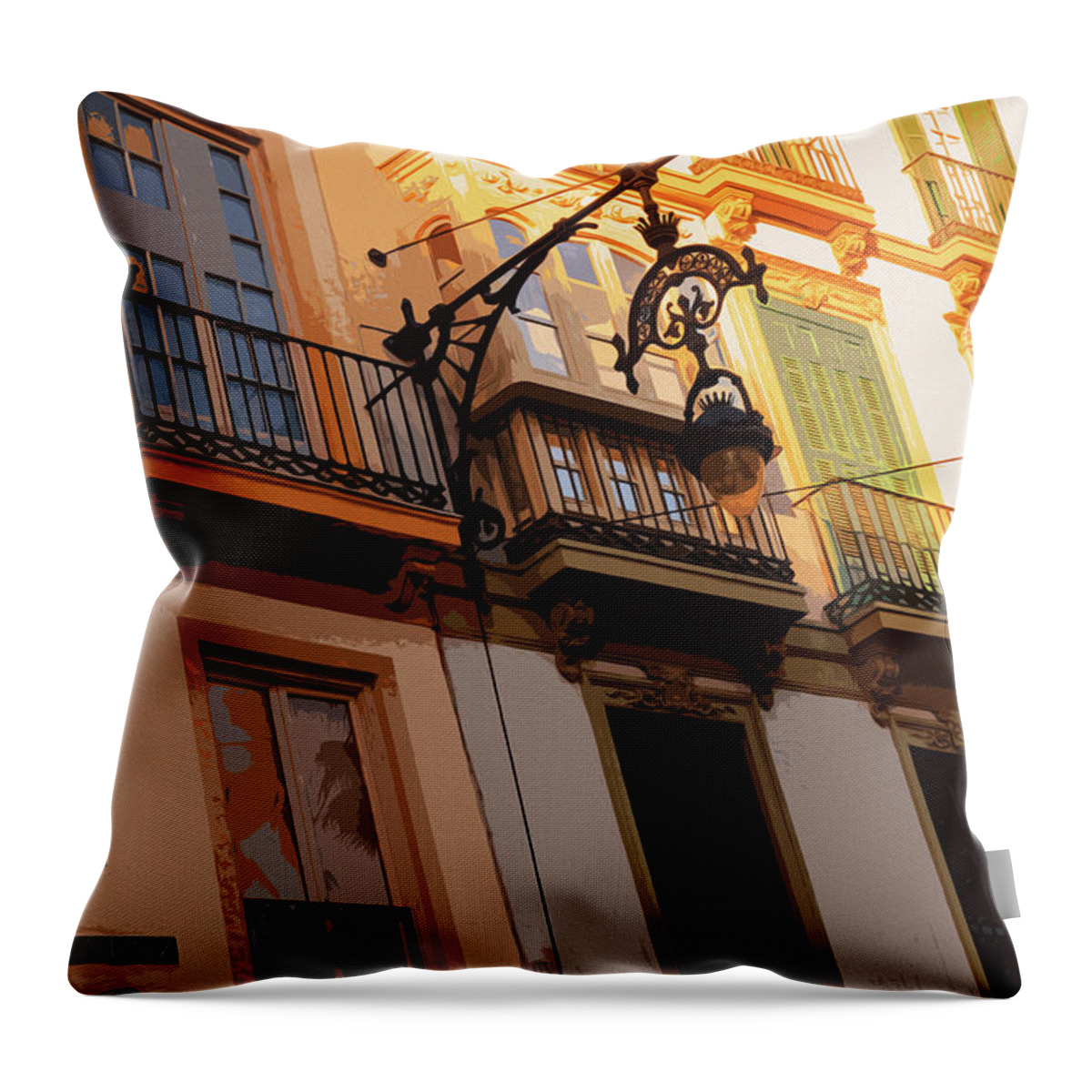 Malaga Throw Pillow featuring the painting Streets of Malaga, Felix Saenz Square - 01 by AM FineArtPrints