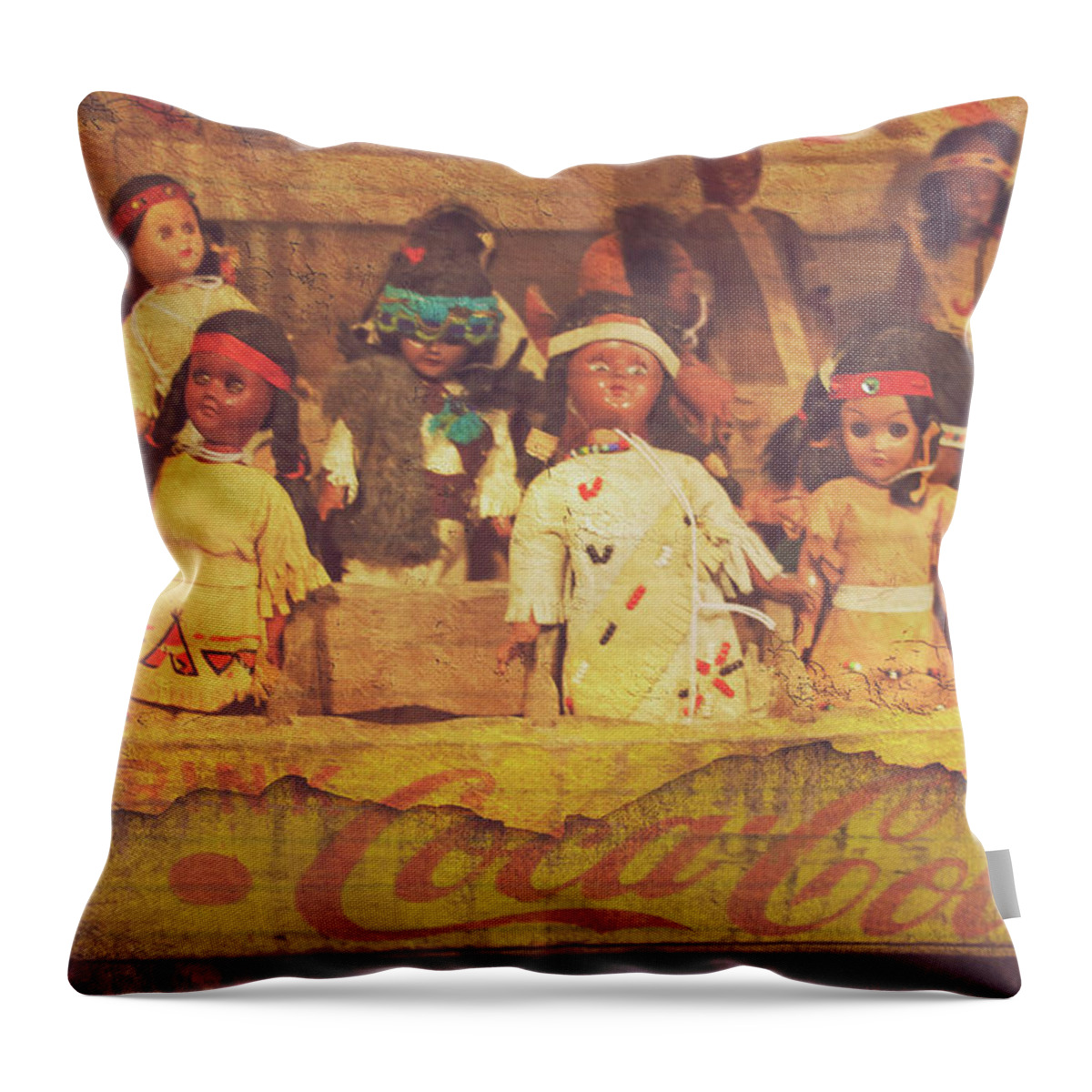 Vintage Dolls Throw Pillow featuring the photograph Stuck in this Box with Nothing to Drink by Toni Hopper