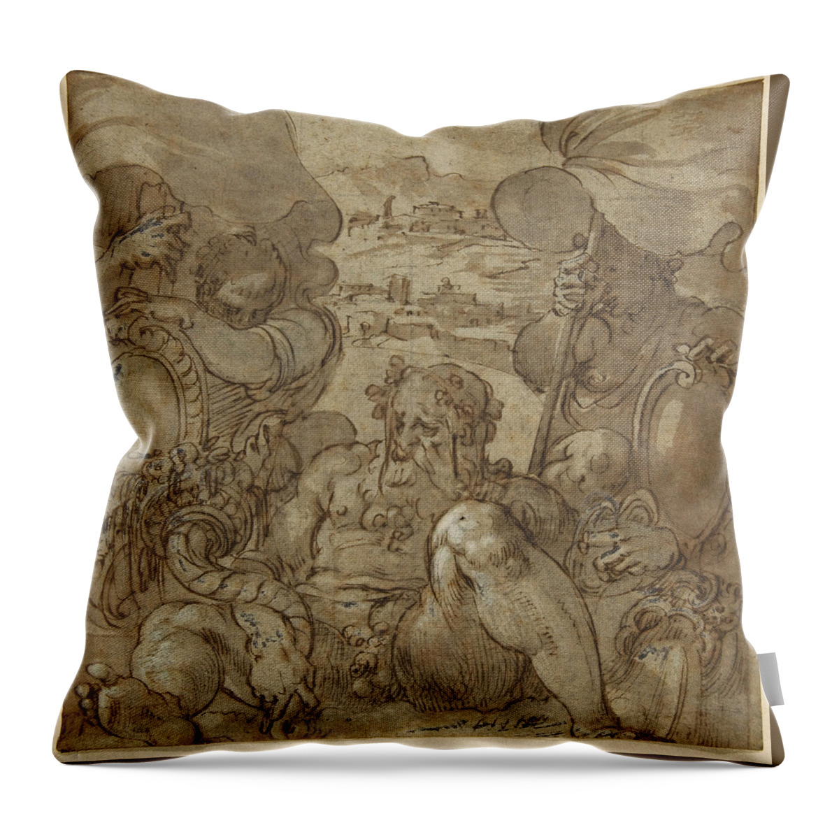 Jacopo Zucchi Throw Pillow featuring the drawing Study for the Allegory of San Gimignano and Colle Val d'Elsa by Jacopo Zucchi