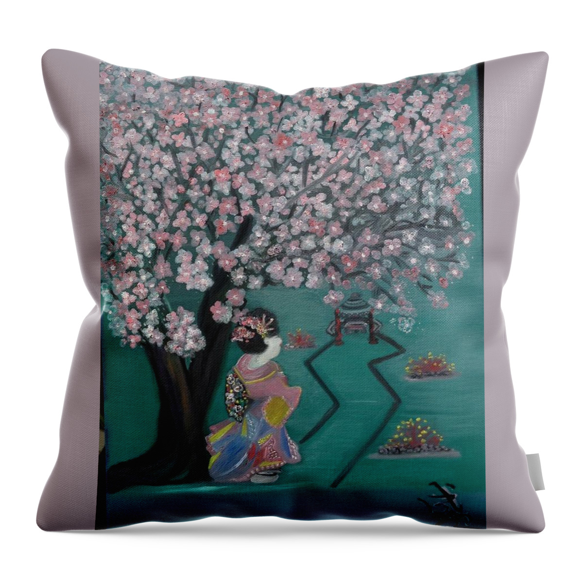 Cherry Blossoms Throw Pillow featuring the painting Success and Hapiness by Lureen Calcara