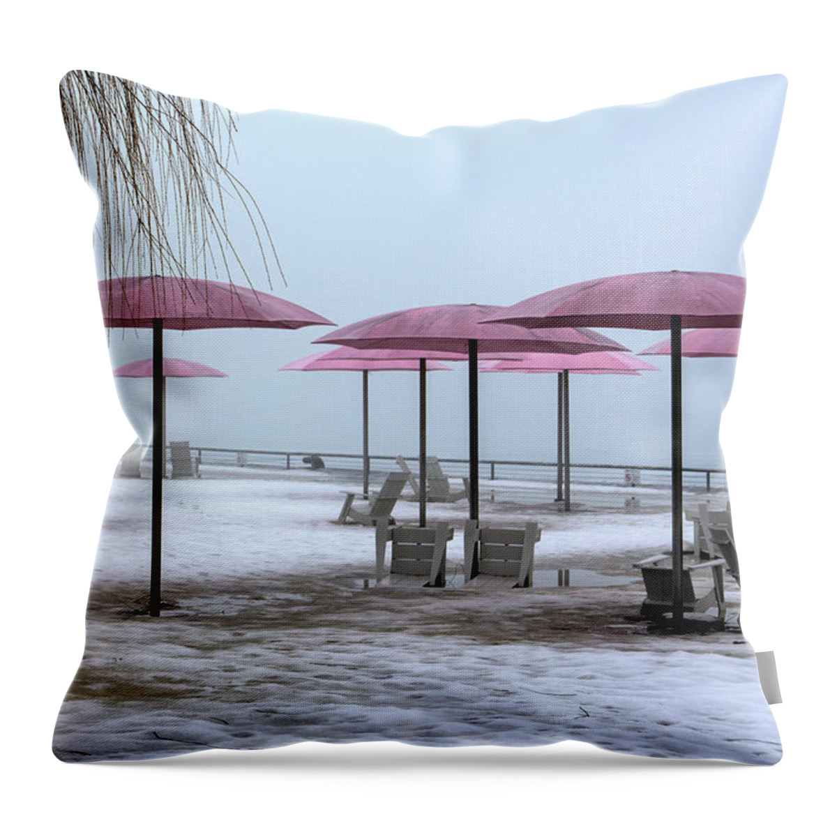 Toronto Throw Pillow featuring the digital art Sugar Beach Pink Parasols by Nicky Jameson