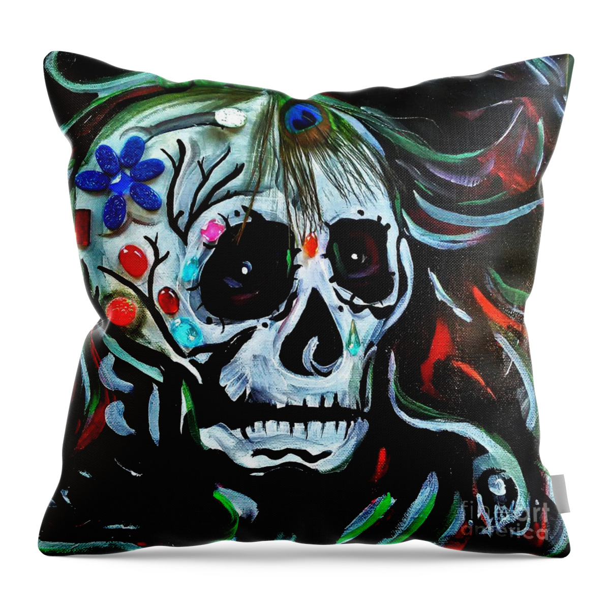 Sugar Skull Death Throw Pillow featuring the mixed media Sugar Skull 3 by Tracy Mcdurmon