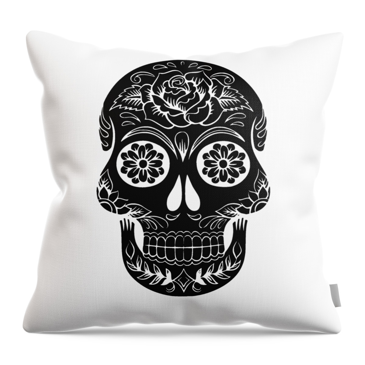 Skull Throw Pillow featuring the digital art Sugar Skull Day of the Dead Black Ink by Edward Fielding