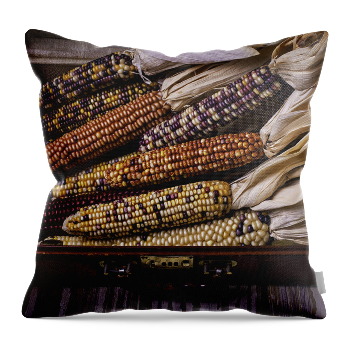Suitcase Throw Pillow featuring the photograph Suitcase Full Of Indian Corn by Garry Gay