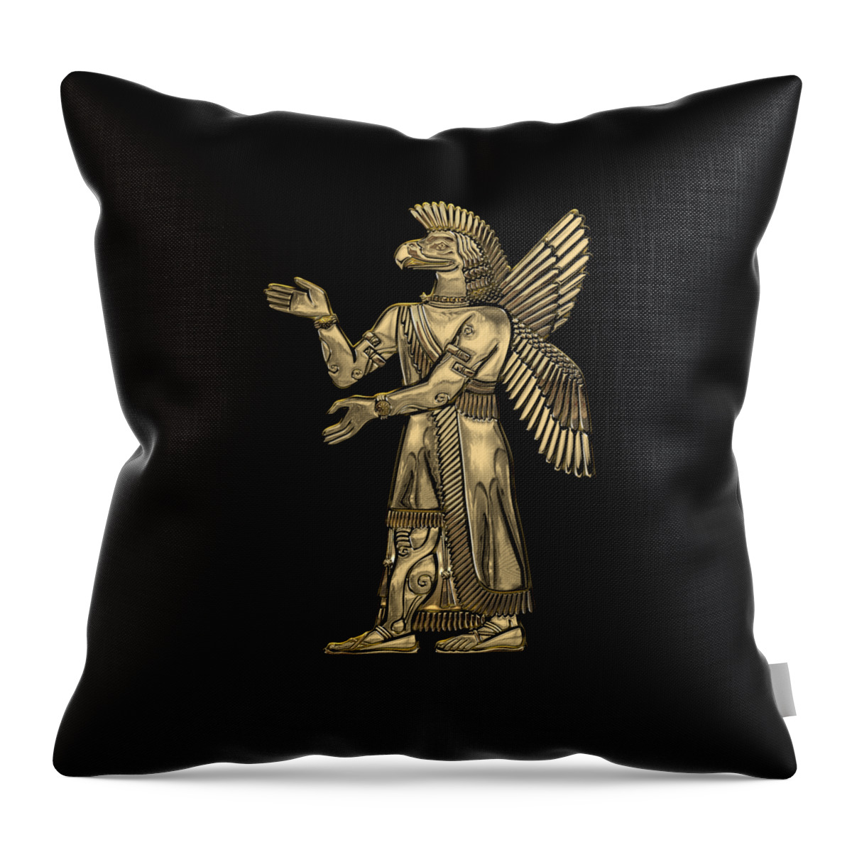 ‘treasures Of Mesopotamia’ Collection By Serge Averbukh Throw Pillow featuring the digital art Sumerian Deities - Gold God Ninurta over Black Canvas by Serge Averbukh